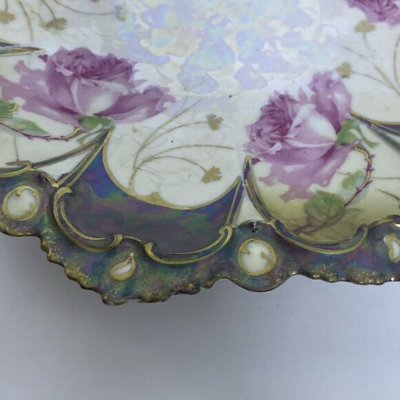 Vintage Hand-Painted Floral Porcelain Plate Pink Roses Scalloped Edge Iridescent - Picture 8 of 13